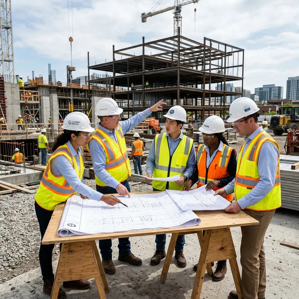 Engenheiros da NG Engenharia analisando projetos em obra civil